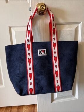 Brighton Velveteen “Love Tote” Navy Blue with White Heart printed straps NWOT
